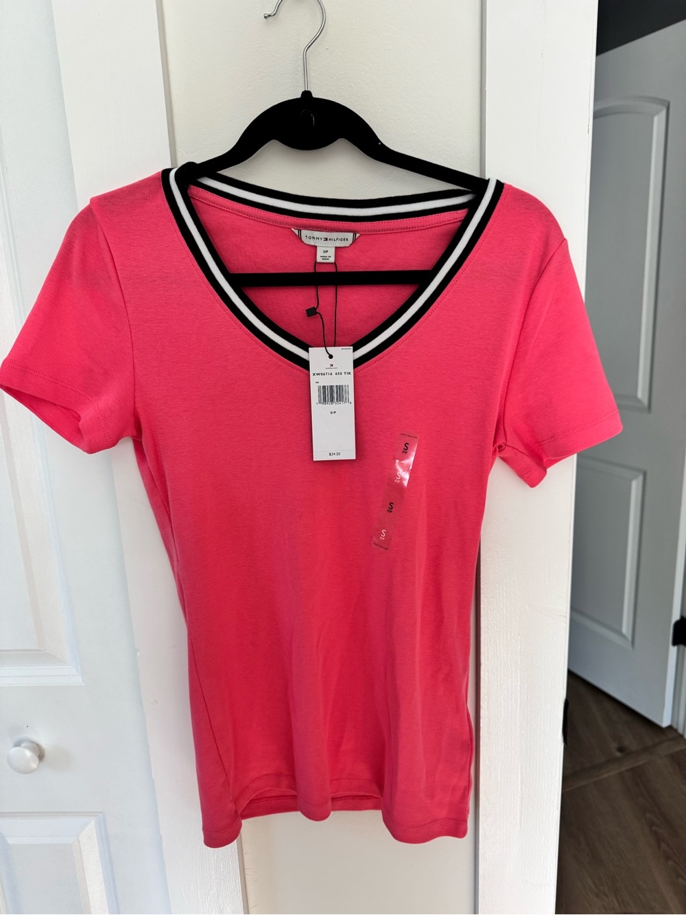 Tommy Hilfiger Hot Pink V-Neck Short Sleeve Tee with Contrast Trim